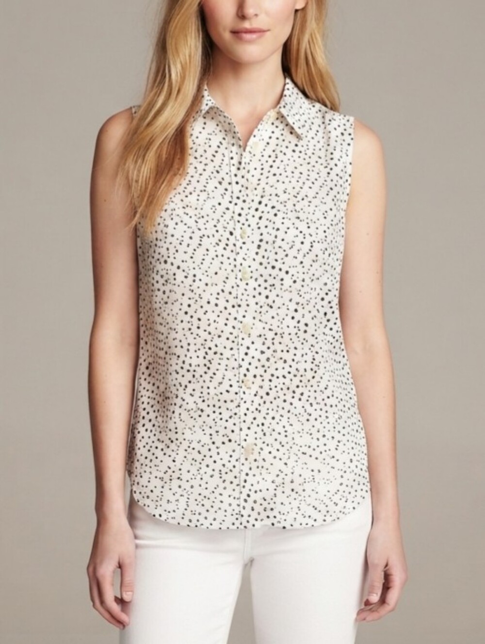 Banana Republic Fitted Non-Iron Dot Print White Sleeveless Shirt Button-Front